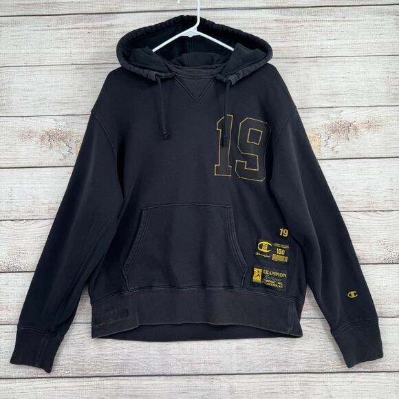 Champion Century Collection Hoodie Mens Large Black 19 Pullover Retro Patch Logo - Picture 1 of 12